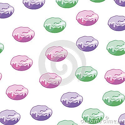 Background with round bun with glaze of different colors on white background. Cute repeated texture menu. Cake pattern Vector Illustration