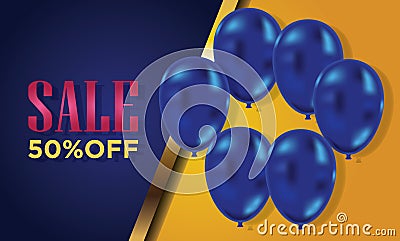 Blue Yellow Sale Background with the blue ballons Vector Illustration