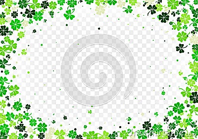 Background with scattered four leaved clovers and shamrocks for St Patrick`s Day isolated on white transparent background Vector Illustration