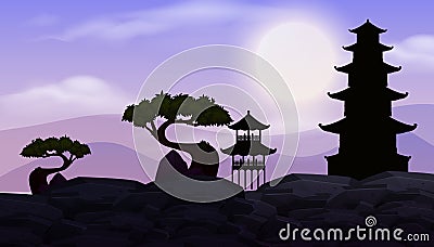 Background scene with dark sky and japanese temple Vector Illustration