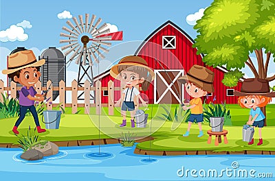 Background scene with kids working on the farm Vector Illustration