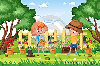 Background scene with kids working in the park Vector Illustration