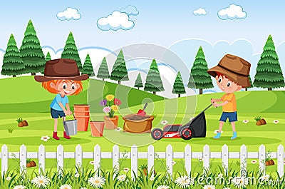 Background scene with kids working in the park Vector Illustration