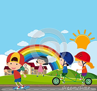 Background scene with many kids riding on the road Vector Illustration