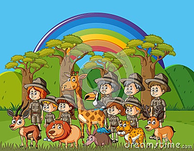 Background scene with many park rangers and wild animals Vector Illustration