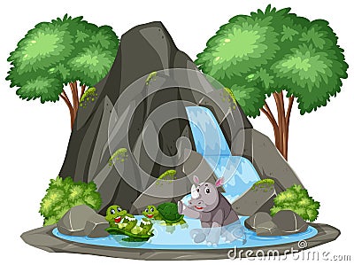 Background scene of turtle and rhino by waterfall Vector Illustration