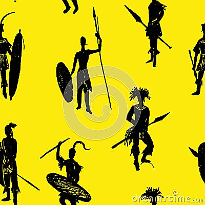 Background seamless pattern African tribal warriors in the battle suit and arms drawing sketch hand-drawn illustration Vector Illustration