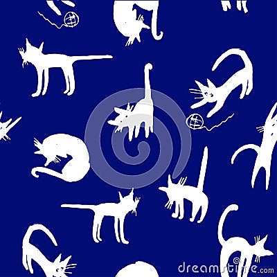 Background seamless pattern with funny doodle illustrations white kittens Vector Illustration