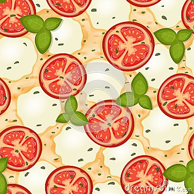 Background seamless pattern Margherita pizza with tomato and cheese Vector Illustration