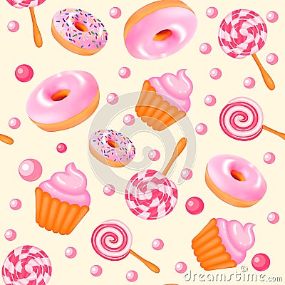 Background seamless sweet donuts candy cupcakes Vector Illustration