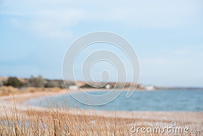 Background of a secluded sandy beach in pastel shades. Stock Photo