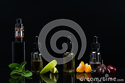 background with a set of fruit flavors with reflection on the surface for an electronic cigarette Stock Photo