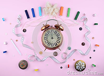 Background with sewing tools and accessories. Stock Photo