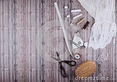 Background with sewing tools and accessories. Stock Photo