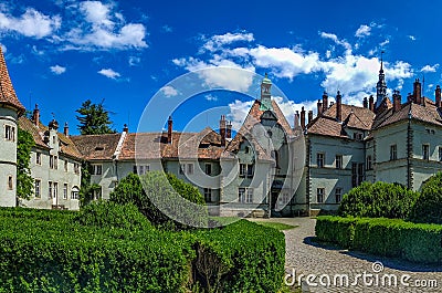 Background of Shenborn Castle in the Ukrainian Carpathian Mountains. Stock Photo