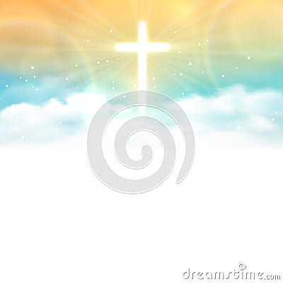 Background with shining cross and heaven with white clouds. Vector Illustration