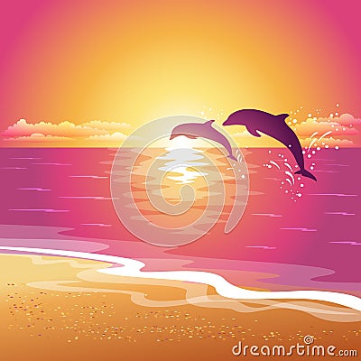 Background with silhouette of two dolphins at sunset. Eps10 Vector Illustration