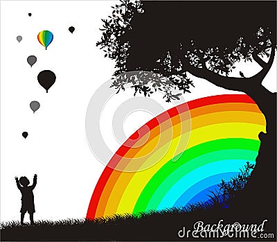 Background with silhouettes and rainbow Vector Illustration