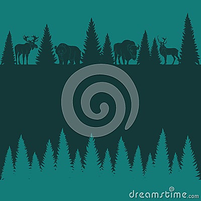 Background of silhouettes of wild forest animals and trees Vector Illustration