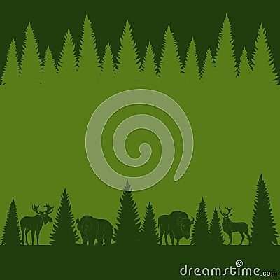 Background of silhouettes of wild forest animals and trees Vector Illustration