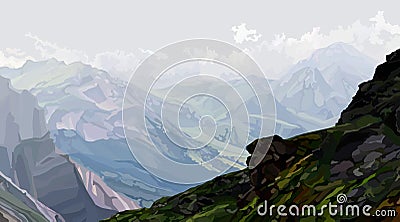 Background from the slope of a green rocky mountain overlooking a misty mountain valley Vector Illustration