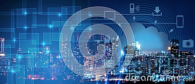 Background of smart city intelligence networking on clound technology, night cityscape with digital and cloud technology sign and Stock Photo