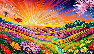 Background spiritual color light nature valley meadow stream flower bloom display Cartoon Illustration