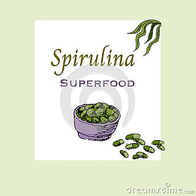 Background of green spirulina pills - label Vector Illustration