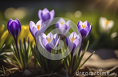 Beautiful purple crocus flowers in the garden. Early spring. Symbol of peace and joy Stock Photo