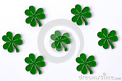 Background for St. Patrick`s day. for design with clover. Clover isolated on white background. Irish symbols of the holiday. Ther Stock Photo