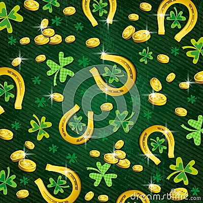 Background for St. Patricks Day with clover and golden coins Vector Illustration