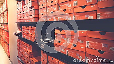 Background of stacked Nike shoes boxes Editorial Stock Photo