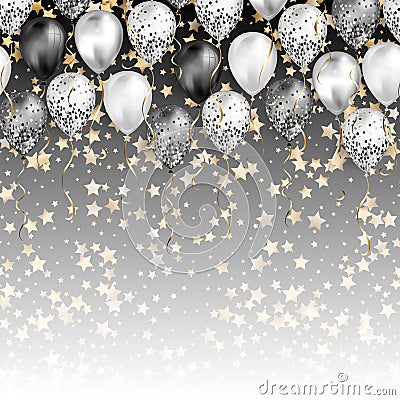 Background with stars confetti and black and white balloons as top border. Shiny glossy realistic Stock Photo