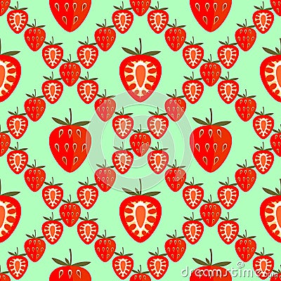 Background with strawberries, whole and half, over green backdrop Vector Illustration