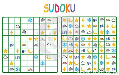 Background of a sudoku game with flat style weather icons with its solution Stock Photo