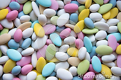 Background of sugared almonds color blue, rose, green, yellow, beige and white. Stock Photo