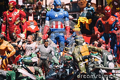 Background of superheroes action figures toys. Editorial Stock Photo