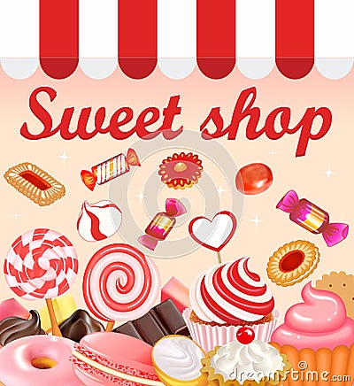 Background with sweet desserts, food, candy, donuts, lollipops, Vector Illustration