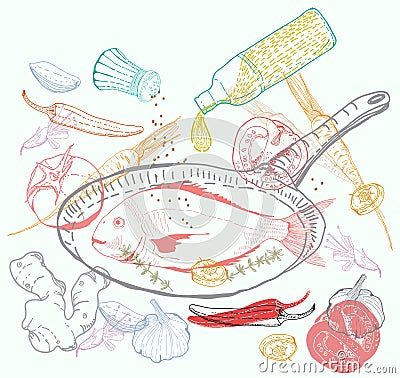 Background with taste Fish dish Cartoon Illustration