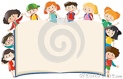 Background template with kids around book Cartoon Illustration