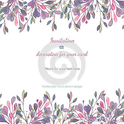 Background, template postcard with a floral ornament of the watercolor pink and purple leaves and branches, hand drawn in a pastel Stock Photo