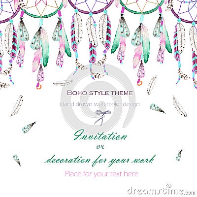 Background, template postcard with the watercolor dreamcatchers and feathers in the air, hand drawn on a white background Stock Photo