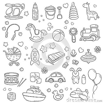 Background, texture, backdrop, pattern, wallpaper with children cartoon doodle toys. Educational games for kids, vector Vector Illustration