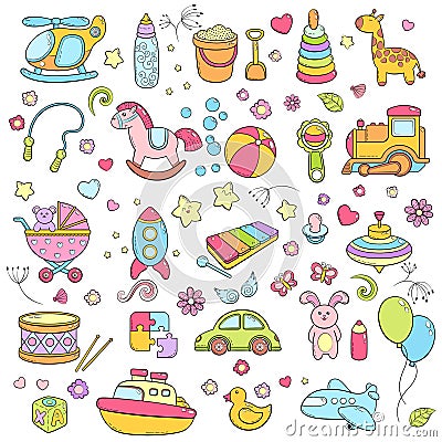 Background, texture, backdrop, pattern, wallpaper with children cartoon doodle toys. Educational games for kids, vector Vector Illustration