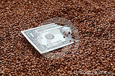 The background texture of a large pile of buckwheat, in the middle of which you see a bill of one US dollar. The concept of highe Stock Photo