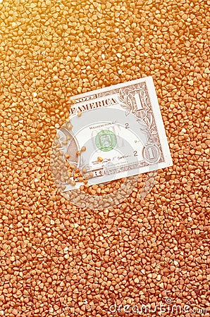 The background texture of a large pile of buckwheat, in the middle of which you see a bill of one US dollar. The concept of highe Stock Photo