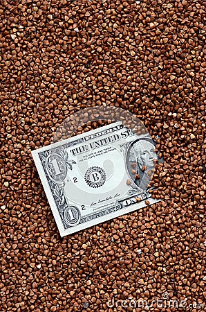 The background texture of a large pile of buckwheat, in the middle of which you see a bill of one US dollar. The concept of highe Stock Photo