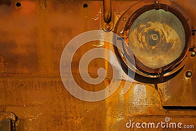 Background, texture, old, iron rusty red surface. The body of old trucks closeup, headlight Stock Photo