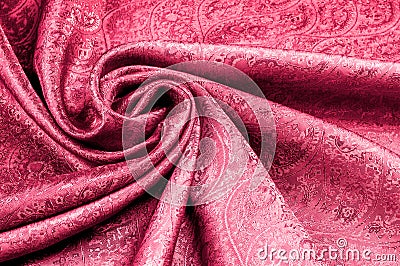 Background texture, pattern. Red Paisley Silk indian fabric - ac Stock Photo