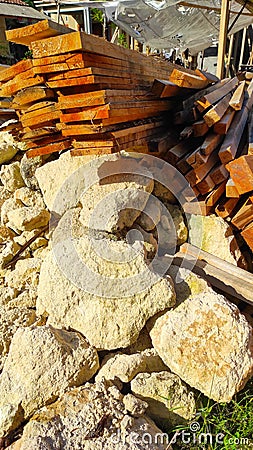 Piles of limestone and wood -stock photo Stock Photo